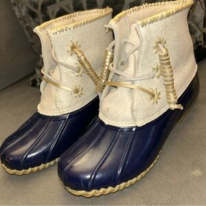 Jack Rogers Chloe Metallic Leather Cuff Blue Rain Boots Size 8